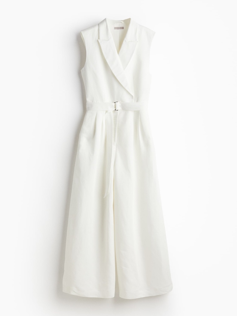 H&M Linen Blend Sleeveless White Belted V-Neck Jumpsuit Size S Small
